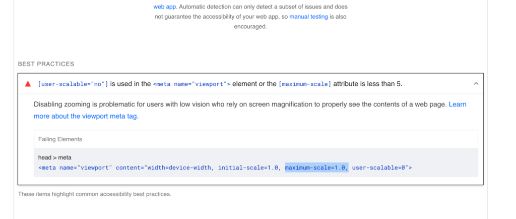 Google warns in accessibility for viewport meta tag on Google pagespeed report