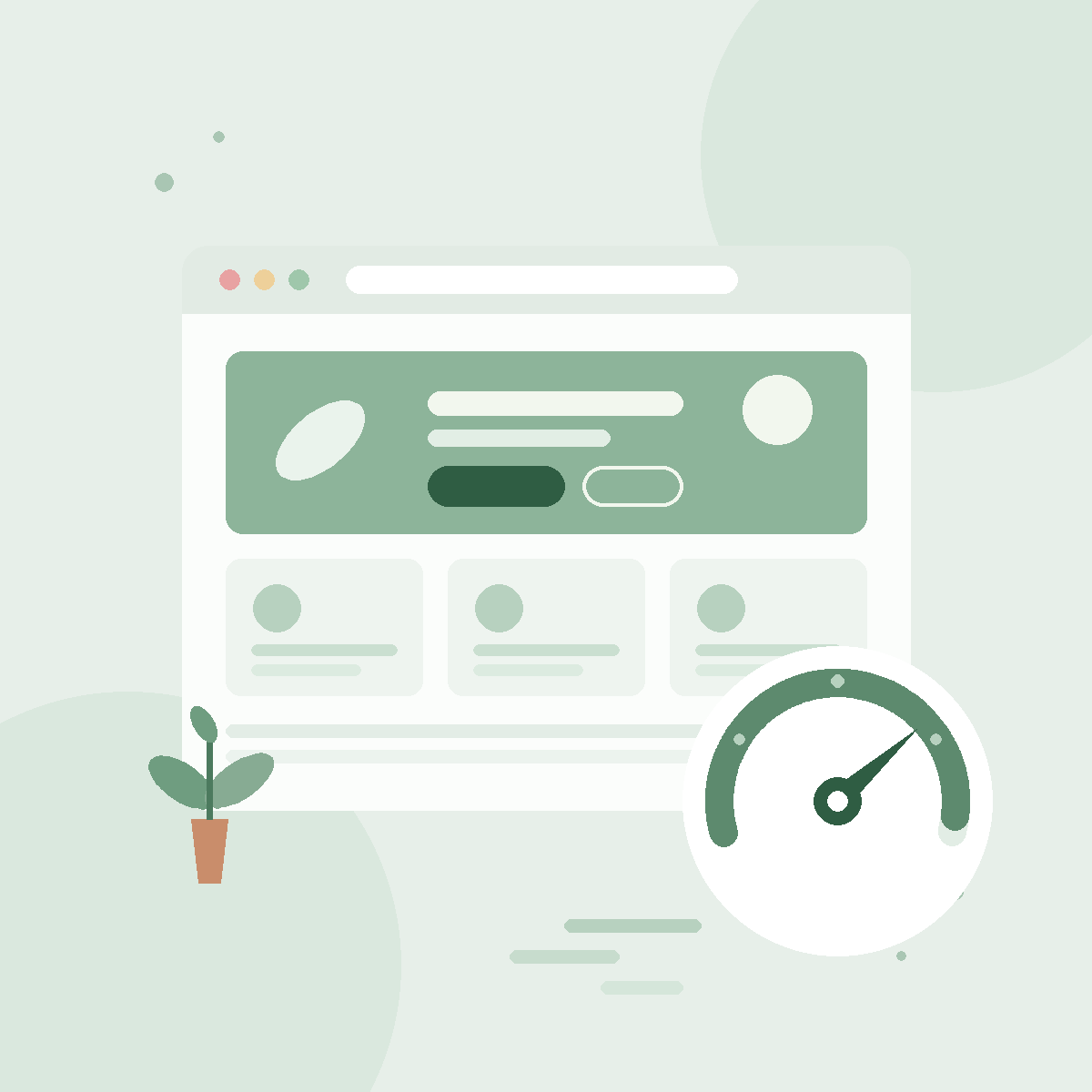 Illustration of a calm, fast-loading therapy practice website with a speed gauge, representing how to speed up your therapy website